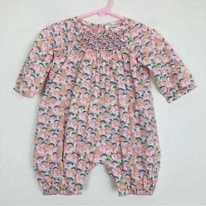 Bonheur du Jour pink and white floral long sleeve smocked romper. Size 6m
